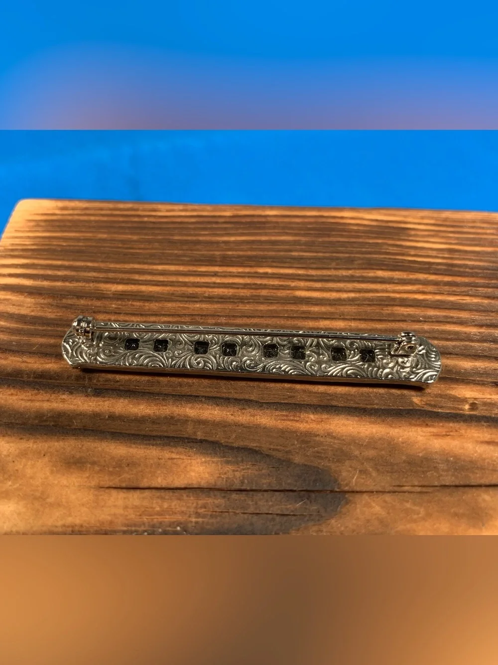 Vintage 1928 Silver Bar Blue Stone Marcasite Pin Brooch Art Deco Revival